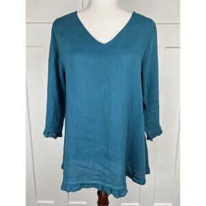 Match Point 100% Linen Tunic Top Teal Ruffle Hem 3/4 Sleeve Women Small